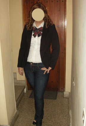BSK jeans, Zara blazer and Blanco tartan bow tie