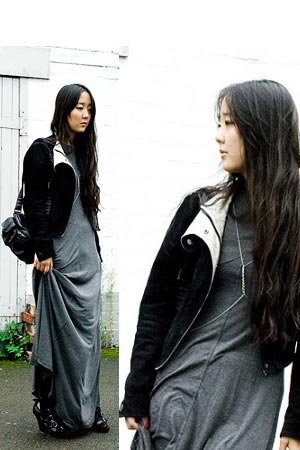 Asos long grey dress, jacket and Forever 21 boots
