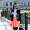 Neon peach skirt and leather jacket 