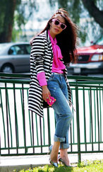 Pink Bow Tie Blouse + Black n White Striped Jacket