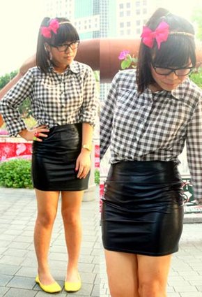Forever 21 checks shirt, leather skirt and Cotton On yellow flats