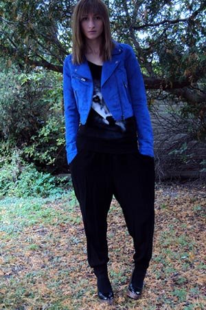 Blue suede biker jacket, H&M wolf shirt and black harem pants