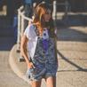 Printed denim dungarees